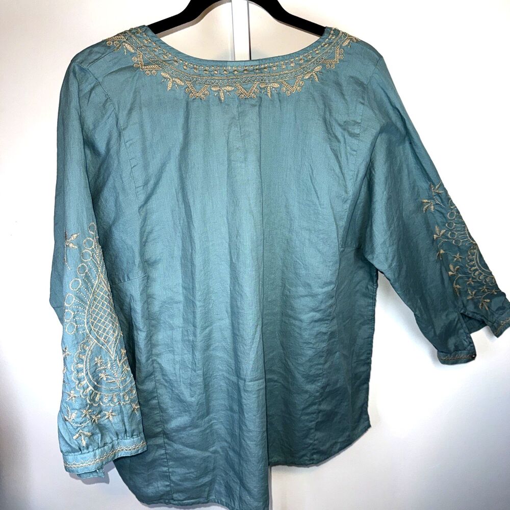 J Jill Detailed Embroidery Soft Cotton Twill Top V Neck Boho Blue/Tan XL $99 - Picture 7 of 10